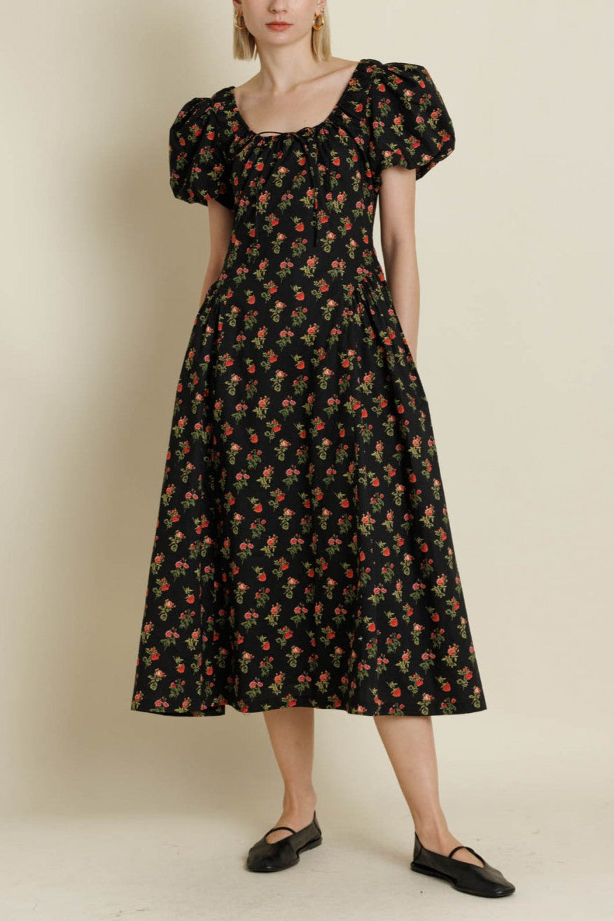 Mia Dress The Mia Floral Dress features a black base adorned with vibrant red flowers, crafted from non-stretch cotton poplin for a crisp feel womens at Boltranchstore.com