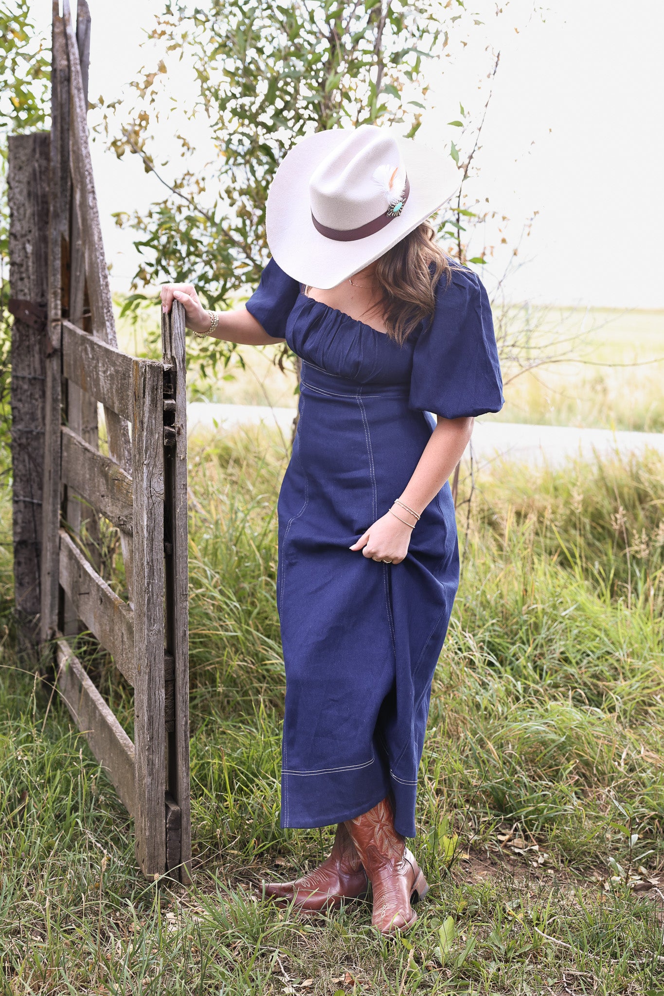 white christmas dresses Balloon Sleeve Denim Maxi Dress Indigo / LG