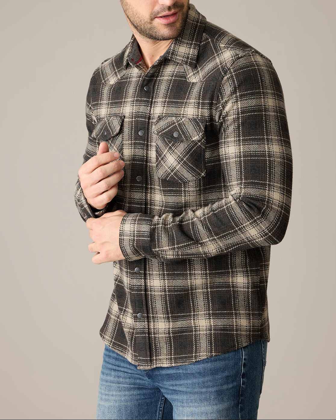 Flag & Anthem Loredo Western Hero Knit Flannel Shirt featuring a classic plaid pattern, button-down front, and chest pockets, designed with a soft knit fabric for casual Western style available at boltranchstore.com