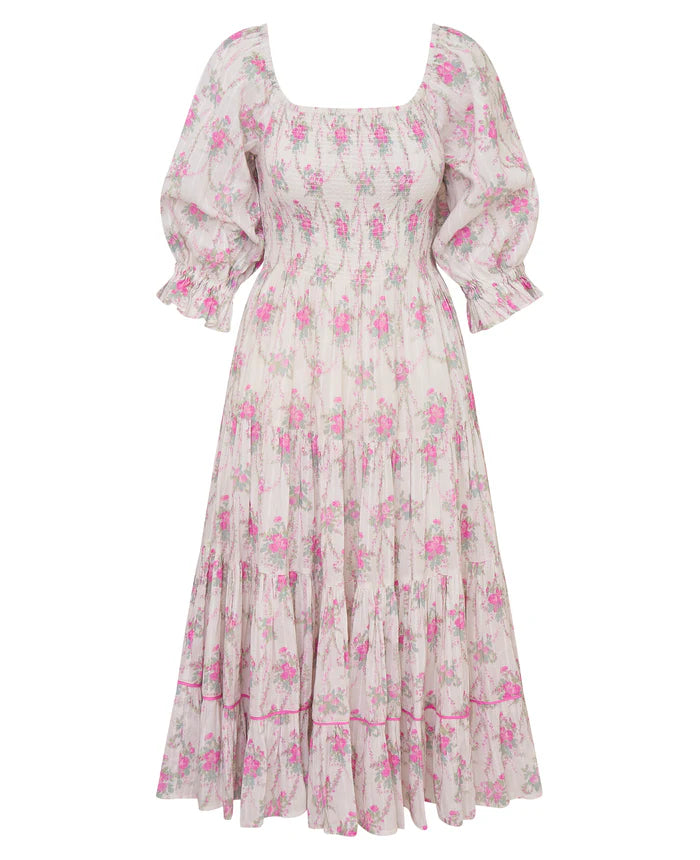 love shack fancy pink floral dress LoveShackFancy | Rigby Cotton Floral Midi Dress | M