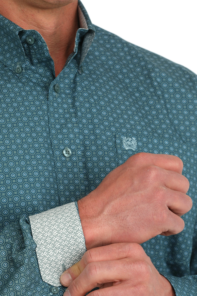Cinch Mens LS Green Print Button Down Shirt