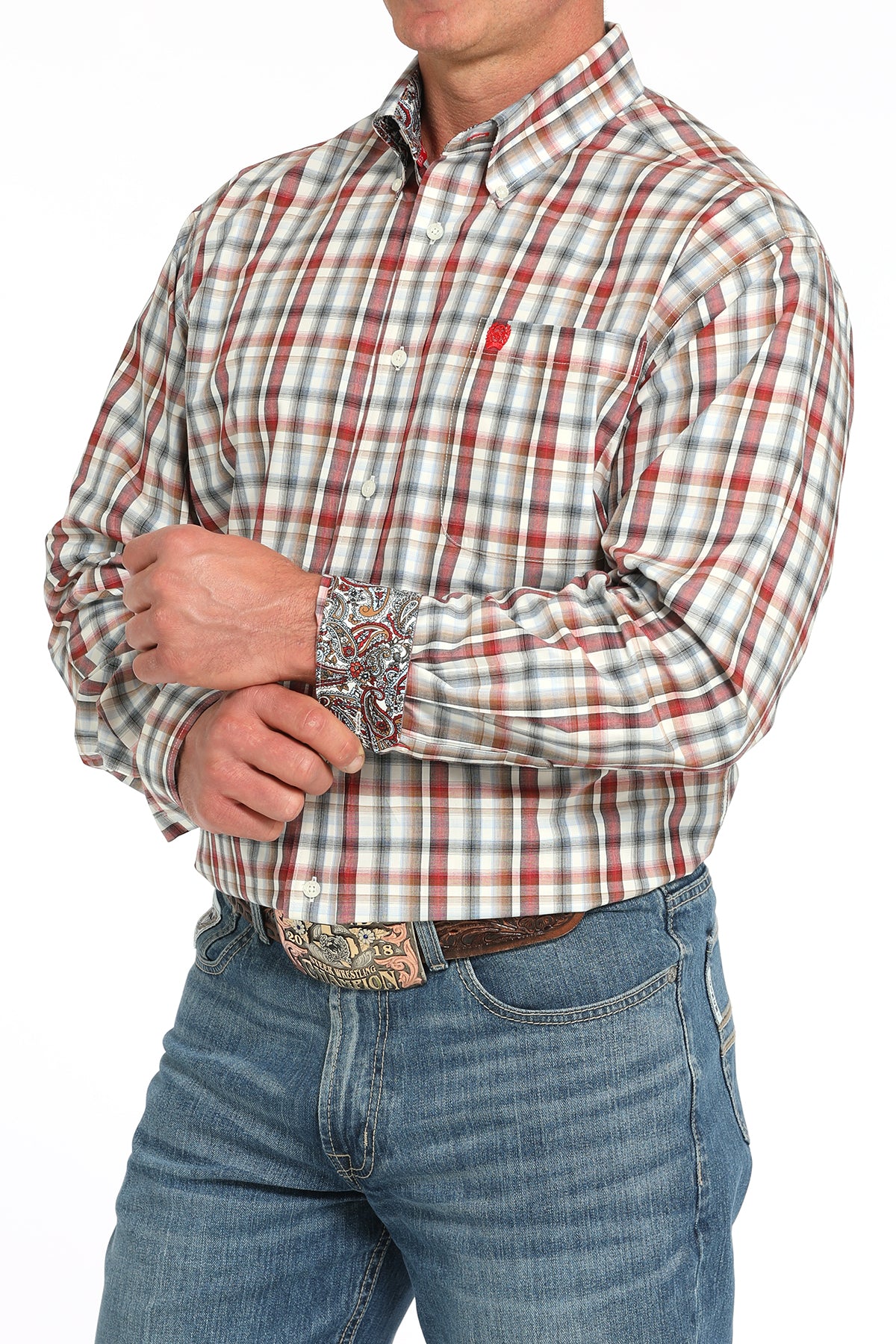 Cinch Mens Long Sleeve Plaid  in Cream