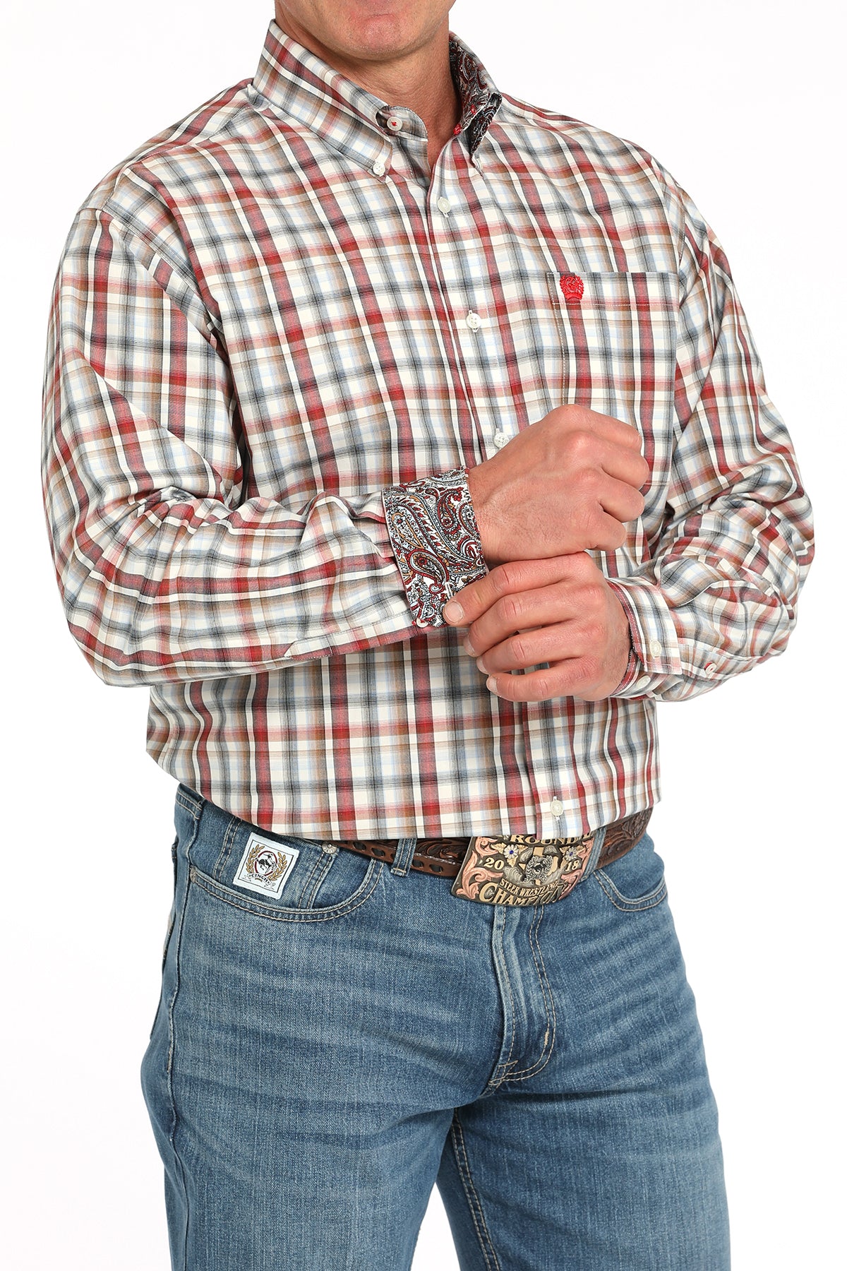 Cinch Mens Long Sleeve Plaid  in Cream