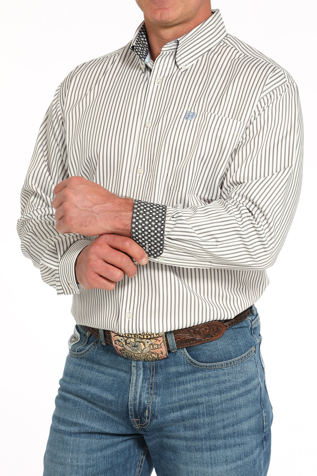 Cinch Mens Long Sleeve Cream Stripe Shirt