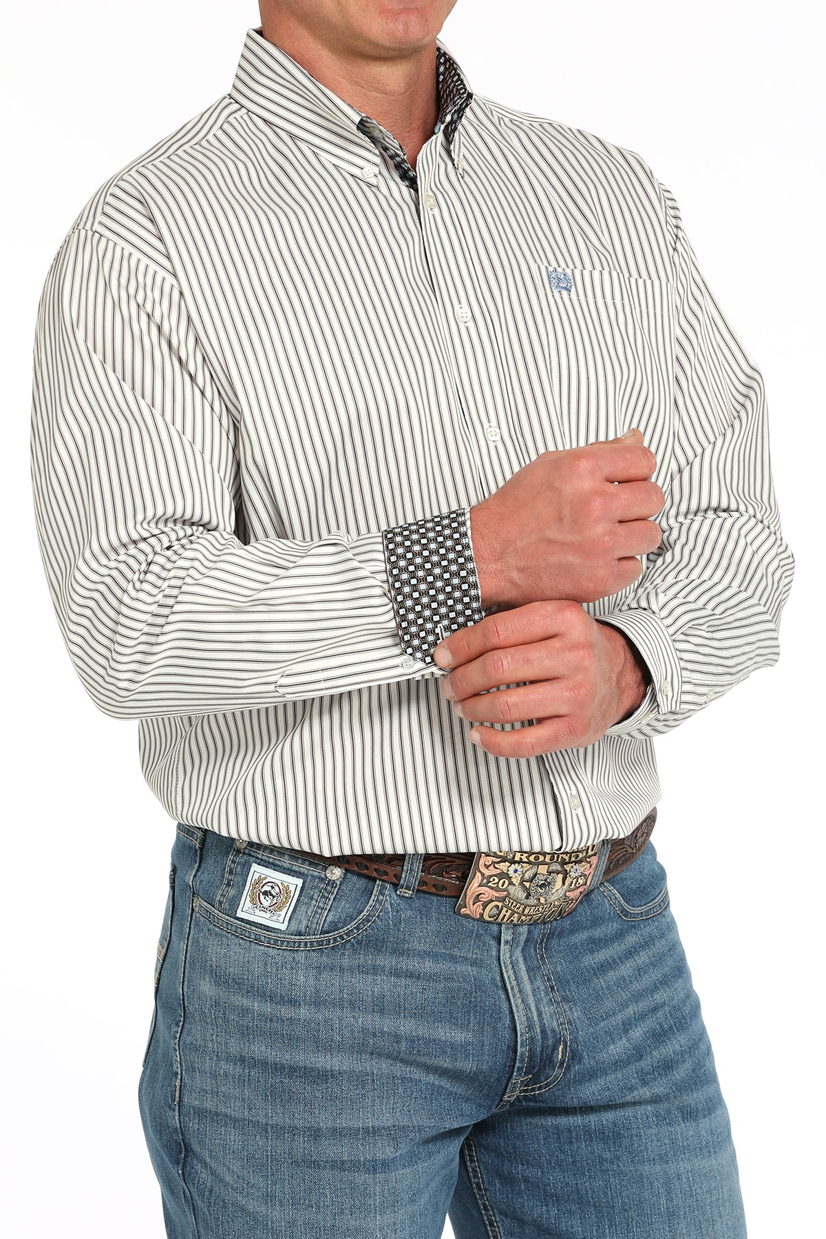 Cinch Mens Long Sleeve Cream Stripe Shirt