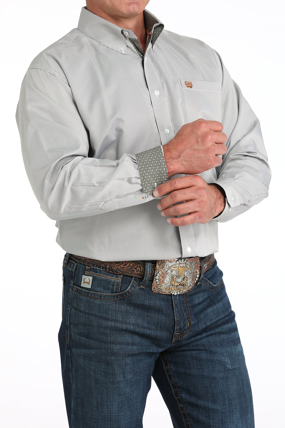 Cinch Mens Long Sleeve Olive Stripe Shirt