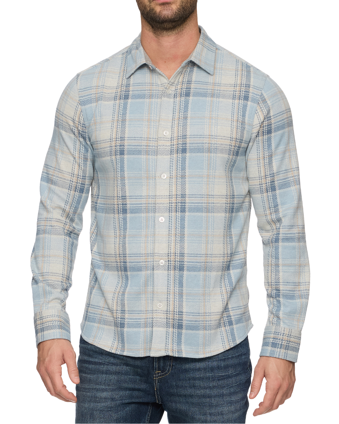 Flag & Anthem Morse Men's Hero Knit Flannel Shirt in light cream and blue plaid, featuring a button-down front, long sleeves, and a relaxed casual fit available at boltranchstore.com