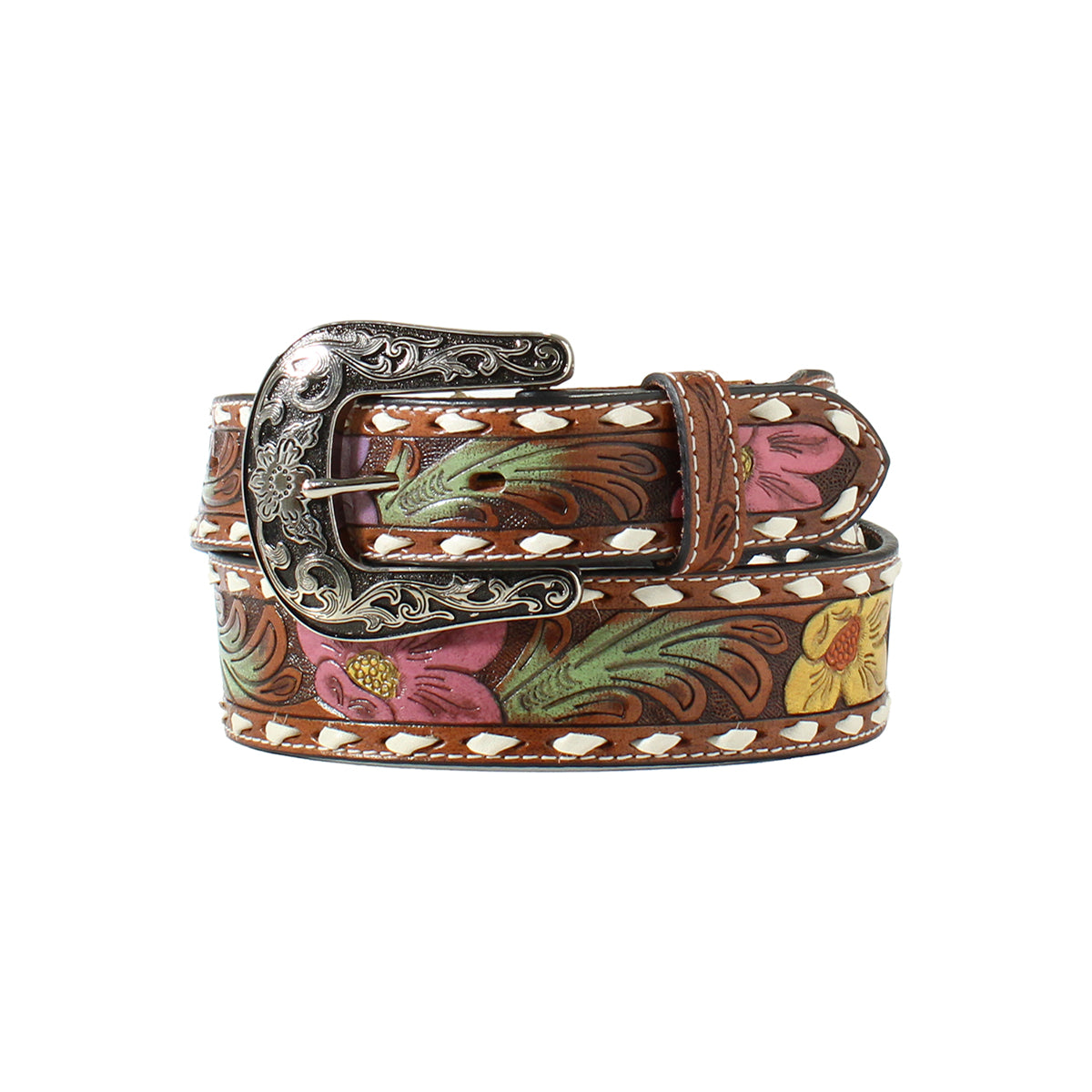 Nocona Floral Tooled Buck Stitched Belt Brown free shipping Boltranchstore.com