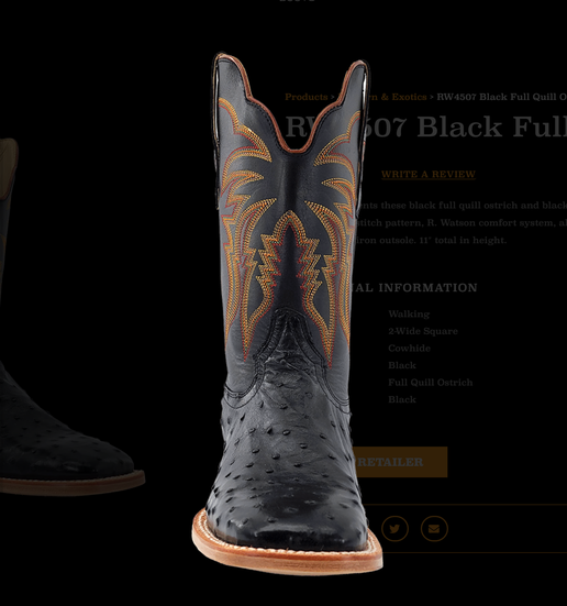 R Watson Mens Black Full Quill Ostrich Boots