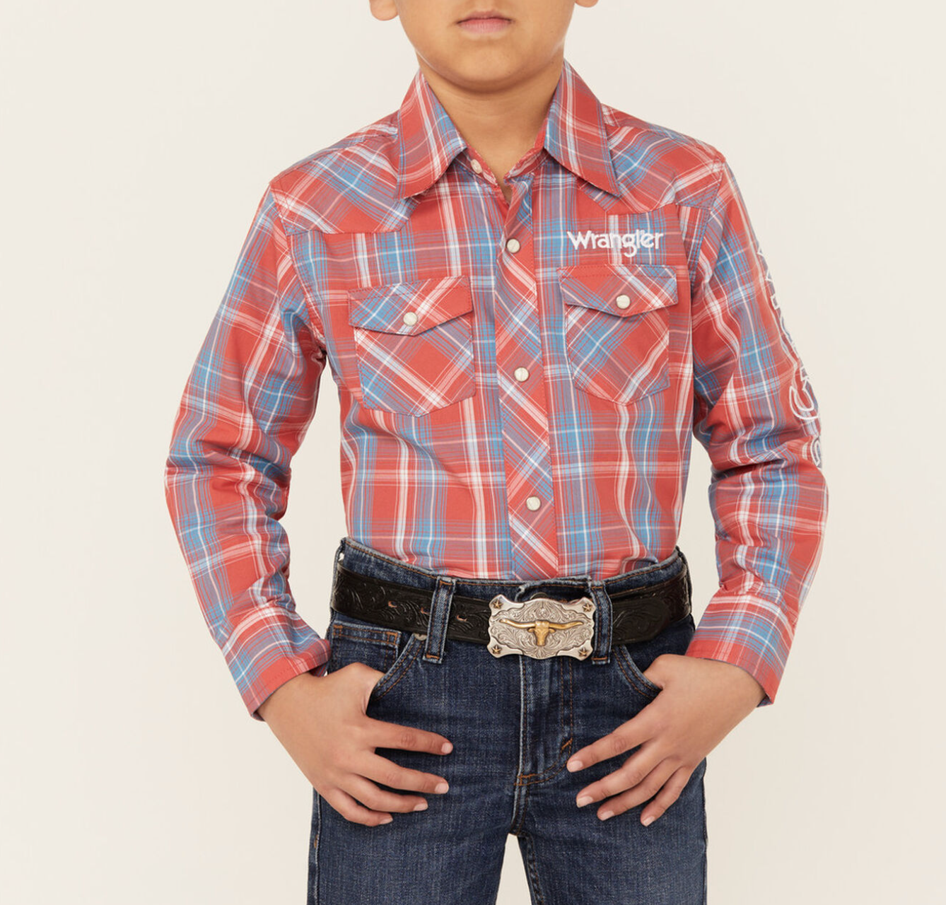 Wrangler Boys Logo Plaid Long Sleeve Snap Shirt - Red