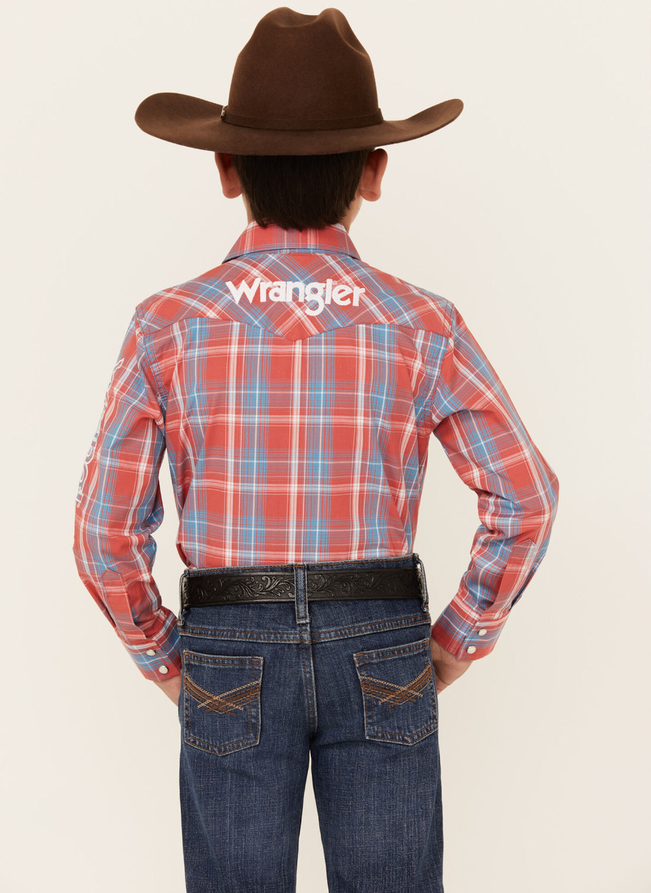 Wrangler Boys Logo Plaid Long Sleeve Snap Shirt - Red
