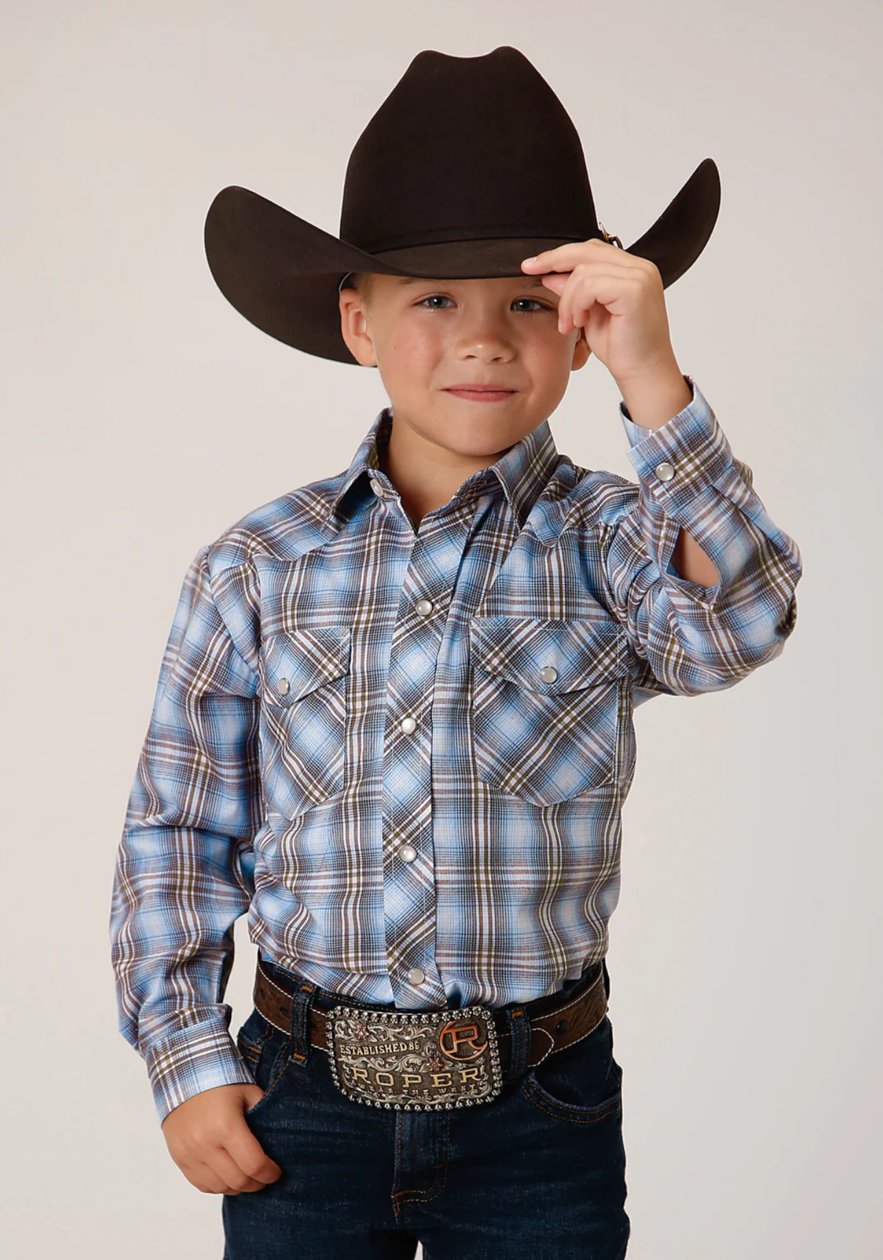 Roper Boys LS Snap Woven Plaid Shirt - Light Blue Chocolate Plaid