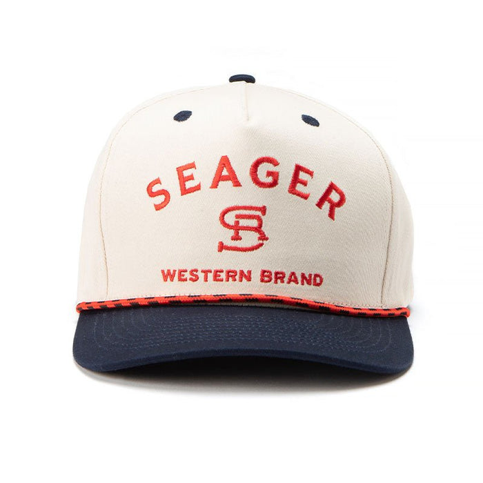 Seager Branded Cream Navy Snap Back Hat a perfect hat for the ranch or day in the sun order at boltranchstore.com