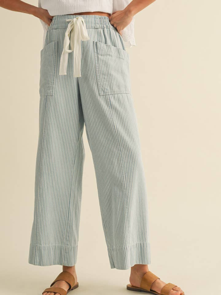 Sofia Striped Wide Leg Cropped Pants elastic and drawstring waist comfortable summer pant at Boltranchstore.com free shipping