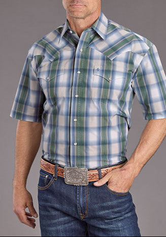 Stetson Mens SS Moss Dobby Plaid Shirt short sleeve men western shirt free shipping at boltranchstore.com