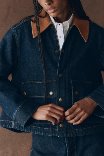 The Great The Denim Swingy Jacket a full button up, collar perfect western attire The Great Brand western boutique Boltranchstore.com free shipping in stock