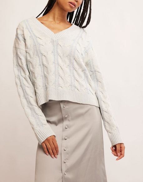 Free People Washed Cable V Neck Sweater