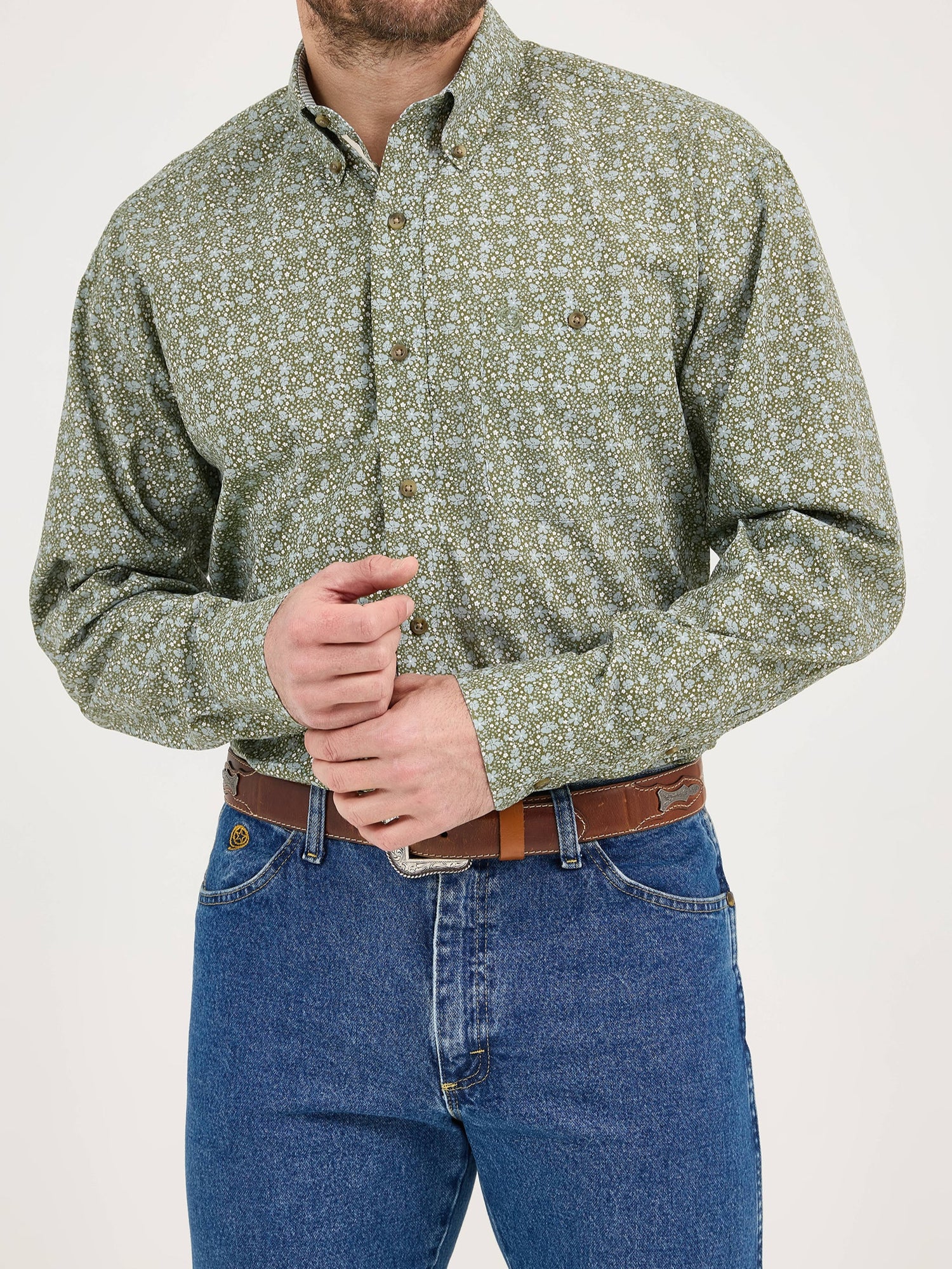 Wrangler Mens George Strait LS Floral Green Shirt at boltranchstore.com