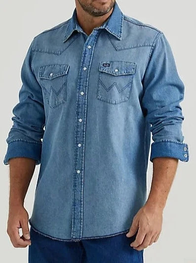 Wrangler Mens Vintage Inspired LS Denim Shirt Medium Blue available at 