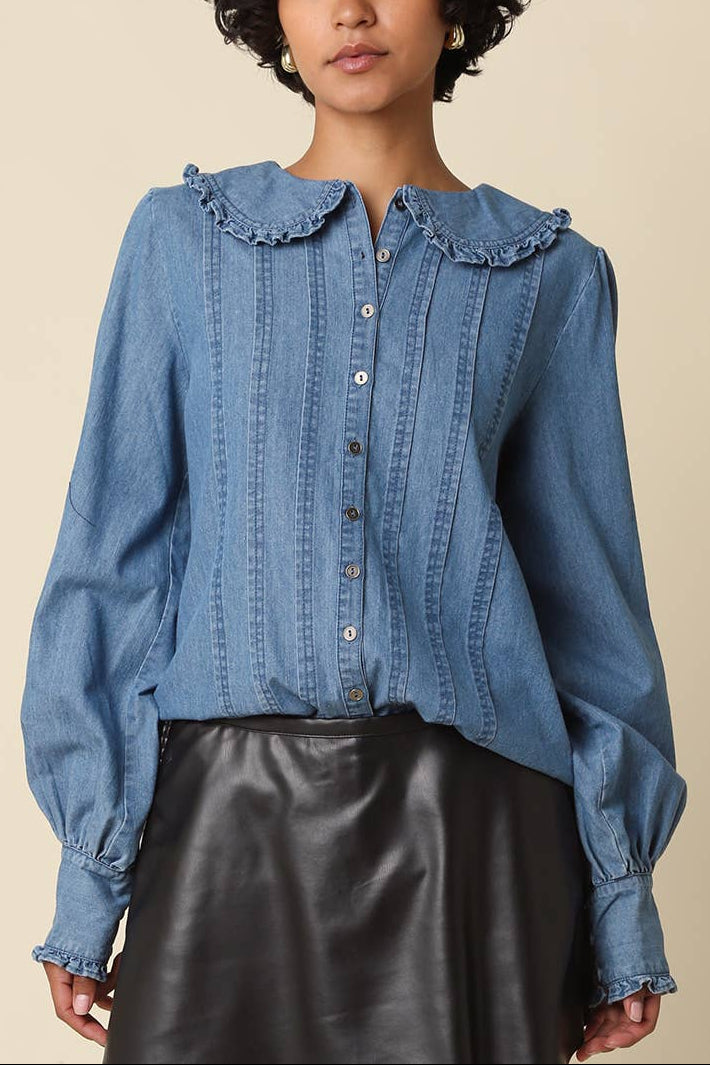 womens ruffle collar denim long sleeve blouse with feminine detailing perfect for a western style outfit.  Sold at Bolt Ranch Store