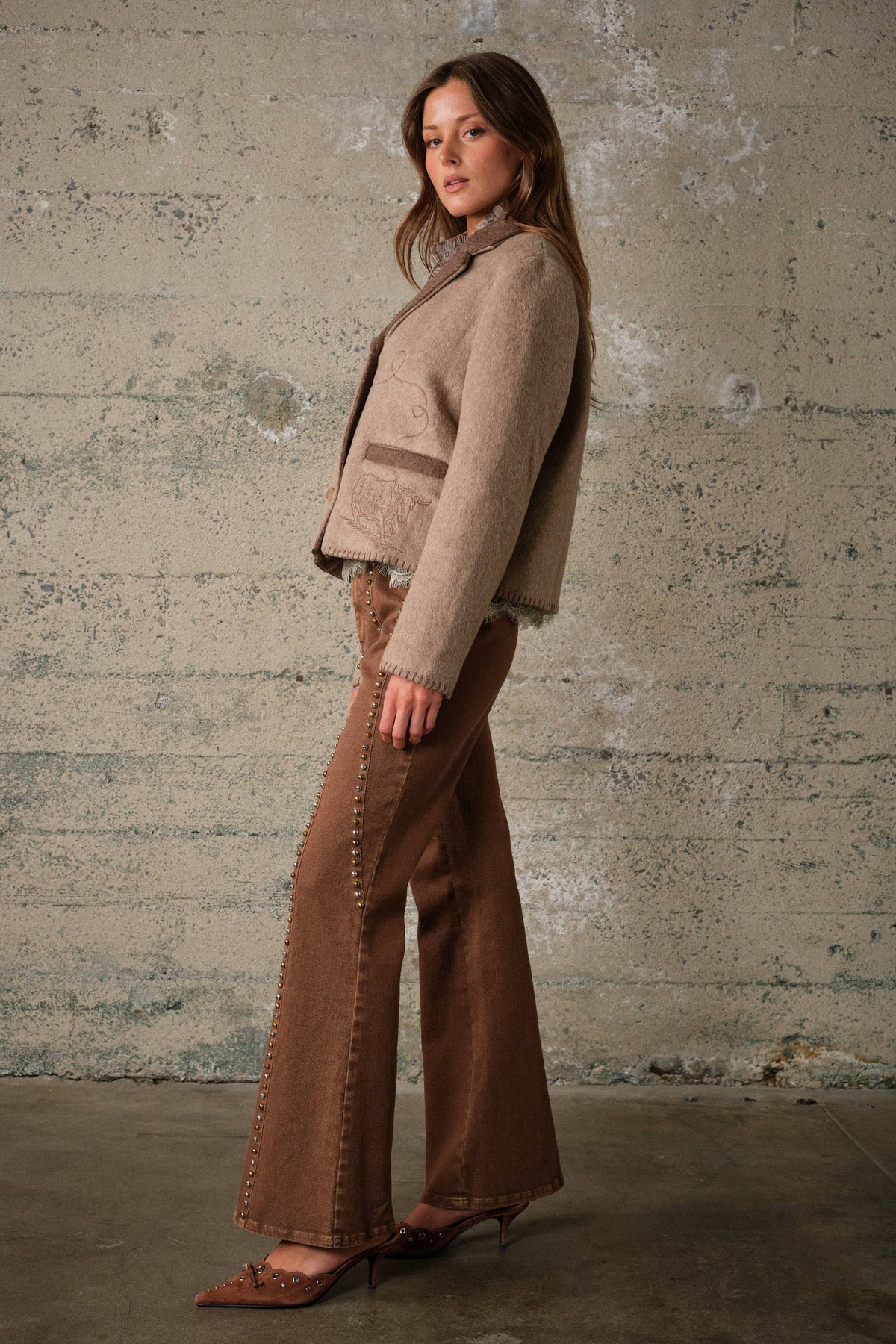 Blue B Western Two Tone Embroidered Jacket Mocha relaxed boxy fit with long sleeves and a cropped hem rodeo style Kamas