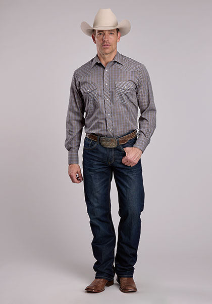 Mens Roper Taupe Blue Plaid Shirt