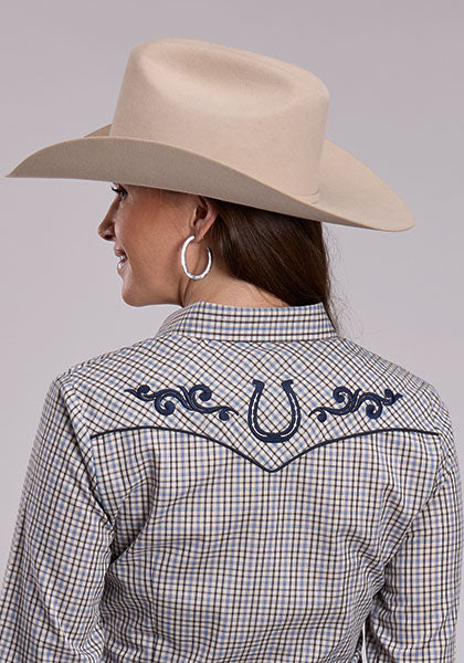 Womens Roper Taupe Blue Plaid Shirt 01-010-0016-4075 Boltranchstore.com womens western shirt plaid blue brown horseshoe embroidered top