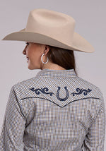 Womens Roper Taupe Blue Plaid Shirt 01-010-0016-4075 Boltranchstore.com womens western shirt plaid blue brown horseshoe embroidered top