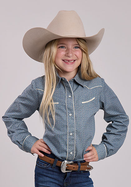 Girls Long Slv Western Style Shirt cream floral wallpaper pattern girls blue cream shirt Boltranchstore.com western fashion style rodeo free shipping 01-080-0086-4078