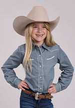 Girls Long Slv Western Style Shirt cream floral wallpaper pattern girls blue cream shirt Boltranchstore.com western fashion style rodeo free shipping 01-080-0086-4078