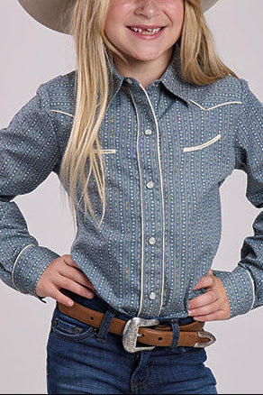 Girls Long Slv Western Style Shirt cream floral wallpaper pattern girls blue cream shirt Boltranchstore.com western fashion style rodeo free shipping 01-080-0086-4078