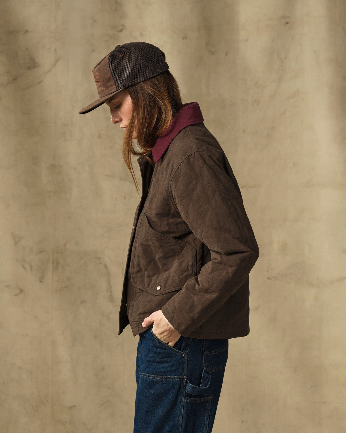 Filson Womens Quilted Outfitter Jacket Dark Brown rib knit inner cuffs that seal in heat at the wrists ranch wear Kamas