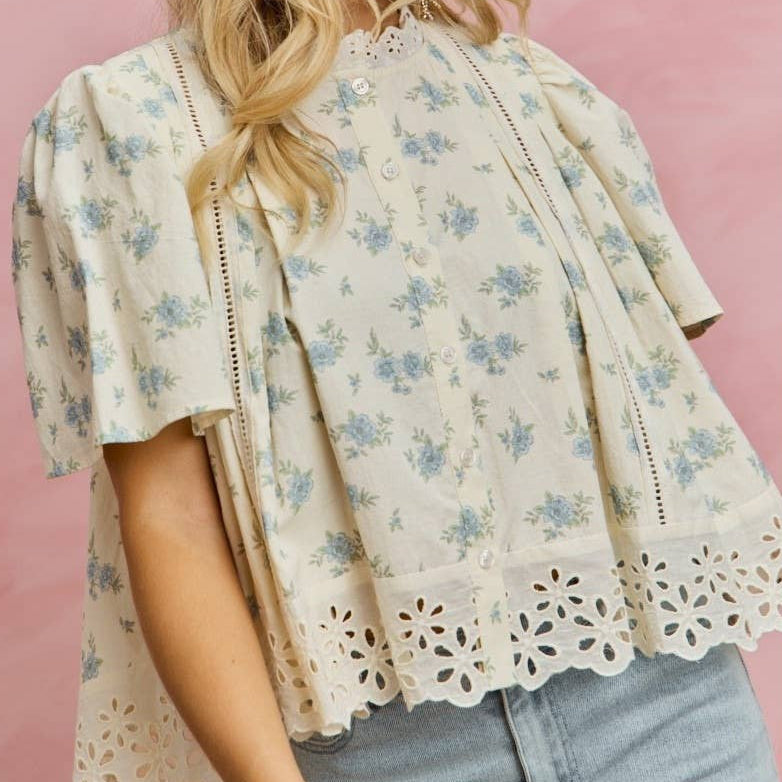 Isla Floral Lace Trim Flutter Sleeve Top