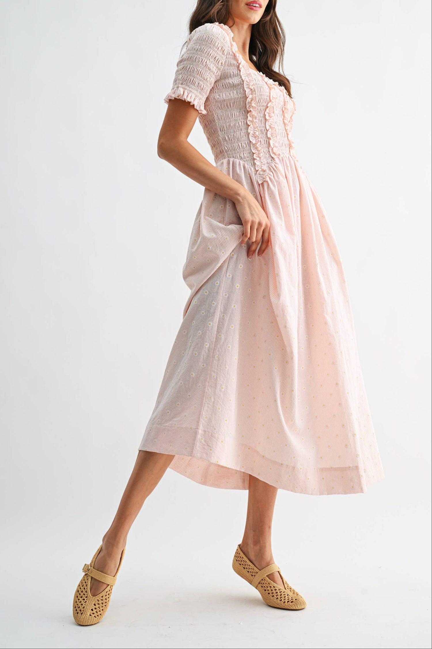 Pink Daisy Smocked Midi Dress