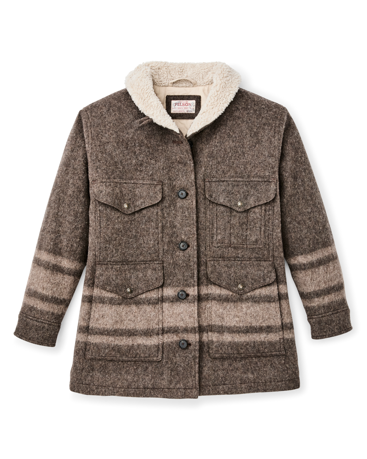 Filson Womens Kodiak Shawl Collar Coat Khaki Heather Stripe two front cargo pockets with snapped flaps that keep essentials secure western fashion