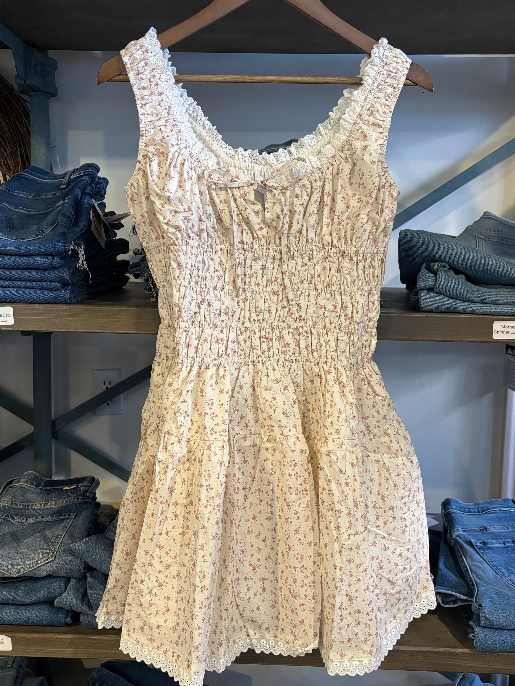 ivory with pink flowers with eyelet trim bow tie tank top dress short dress boltranchstore.com