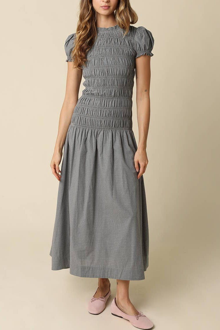 womens brianna smocked maxi dress in a blue plaid with puff sleeves which is a doen dupe dress