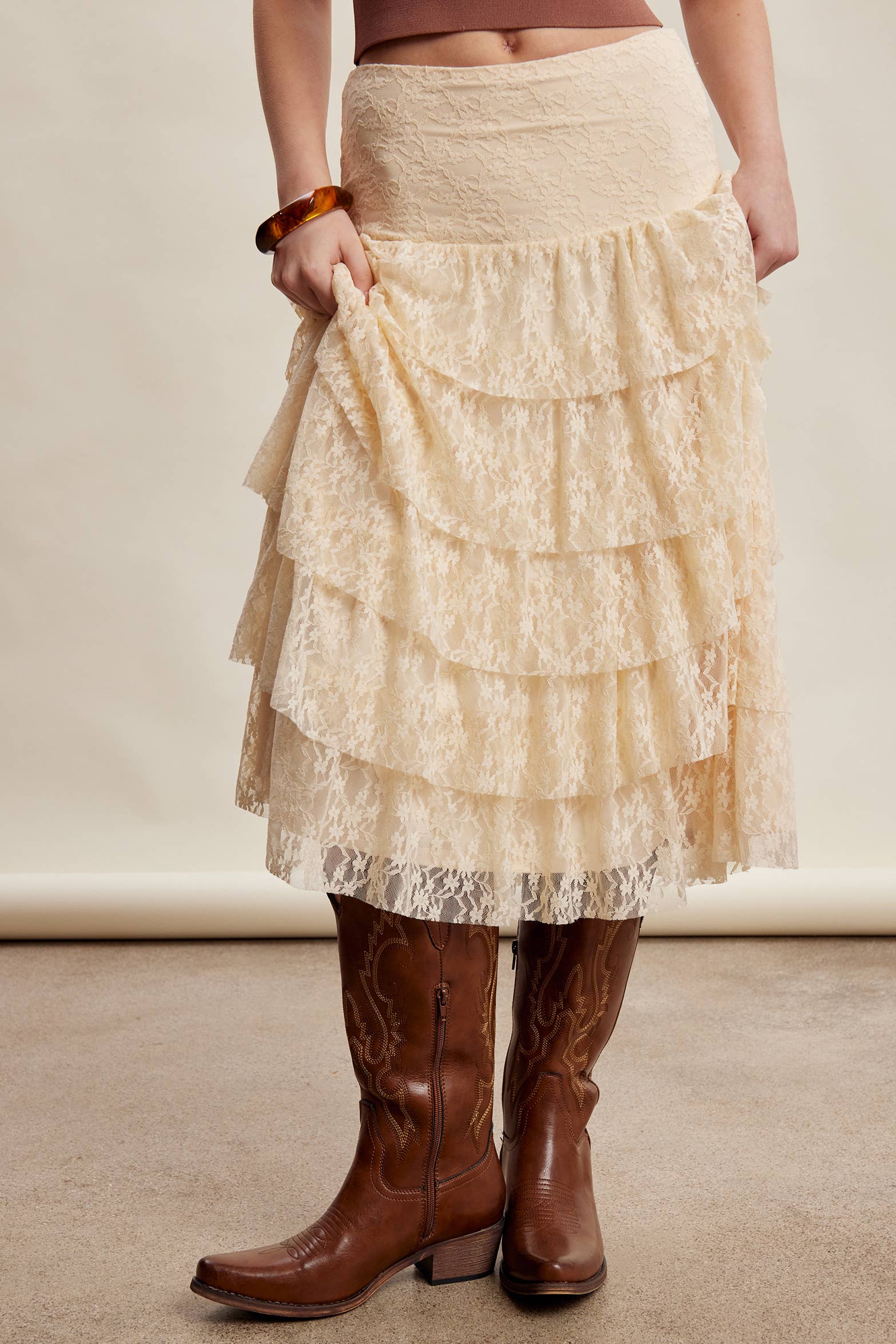Western clothing rodeo womens fashion Utah Tiered Lace Midi Skirt Cream SKU LSK0286CRM Boltranchstore.com free shipping