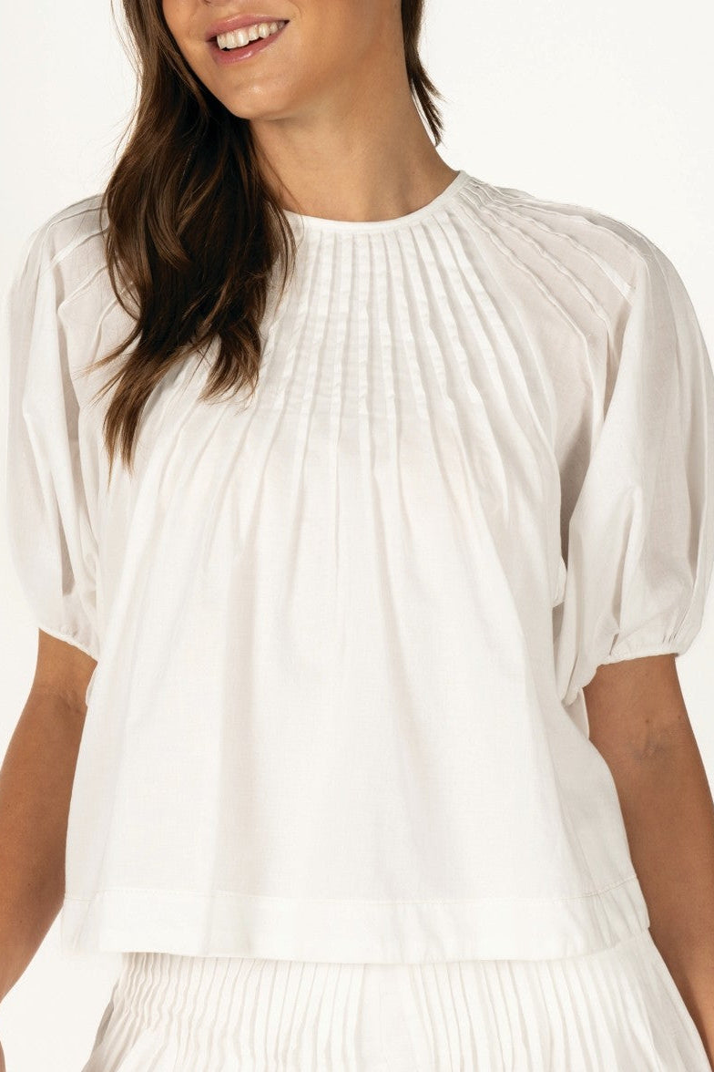 pleated white top with puff sleeves boltranchstore.com Bolt Ranch Store