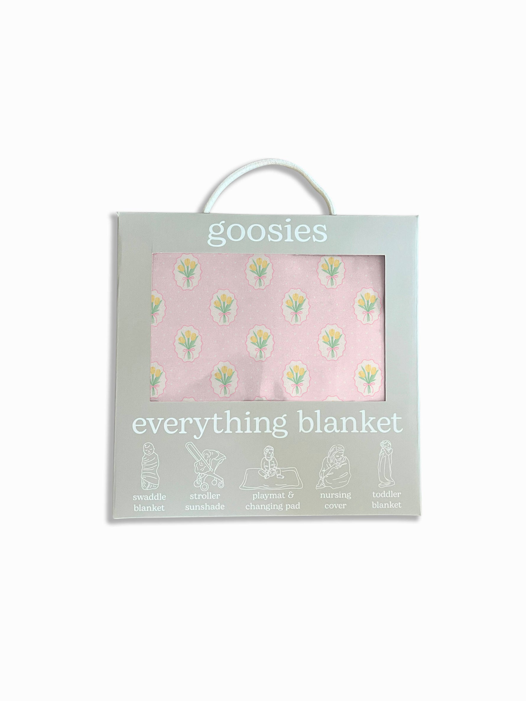 Goosies everything blanket packaging with pink tulip floral pattern swaddle blanket stroller sunshade playmat and changing pad nursing cover toddler blanket boltranchstore.com