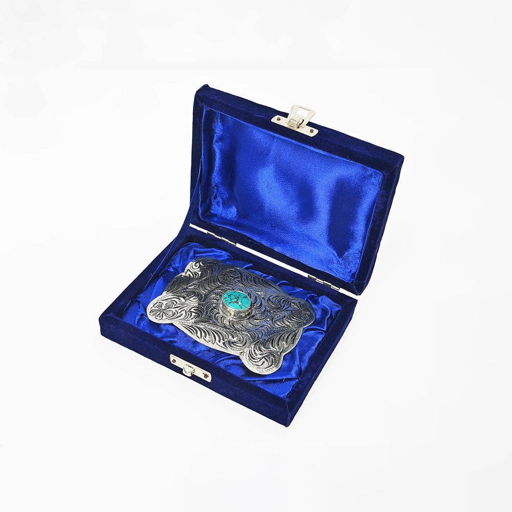 American Darling Hand Engraved German Silver Western Belt Buckle with Turquoise Stones ADBKV119 buckle presented in an open blue velvet box cowboy