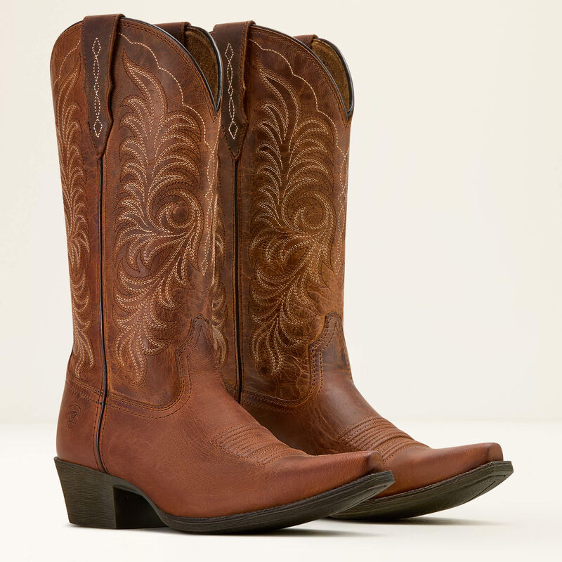 Ariat Womens Heritage X Toe StretchFit Boot at boltranchstore.com with free shipping Pair of brown cowboy boots with intricate embossing womens snip tow shoe rubber sole 