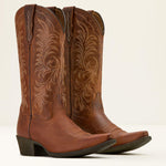 Ariat Womens Heritage X Toe StretchFit Boot at boltranchstore.com with free shipping Pair of brown cowboy boots with intricate embossing womens snip tow shoe rubber sole 