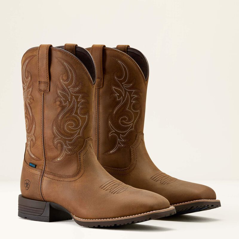 Ariat Mens Hybrid Ranchway Waterproof Cowboy Boot available at boltranchstore.com free shipping mens western cowboy boot rubber sole all bown boot with white stiching every day boot in stock