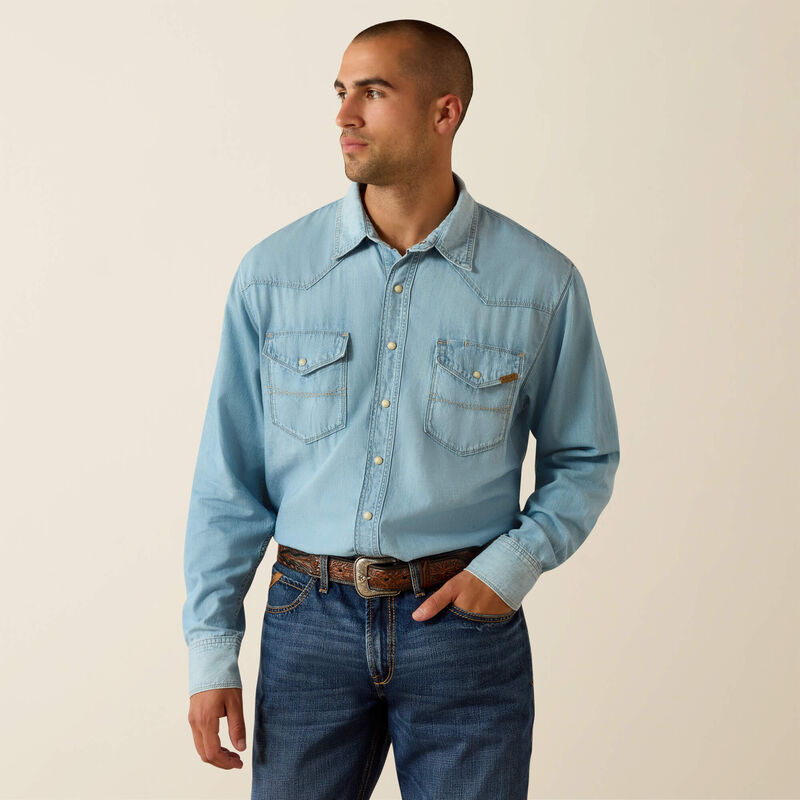 Mens Ariat classic cowboy shirt denim pearl snap western fashion Boltranchstore.com free shipping long sleeve 10072942