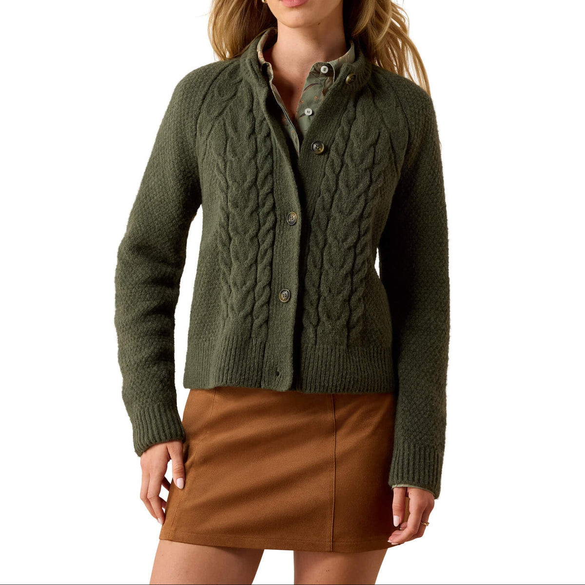 Ariat Brackenwood Sweater thyme cable knit cardigan in a soft wool blend womens western boutique Utah 10078996 Boltranchstore.com