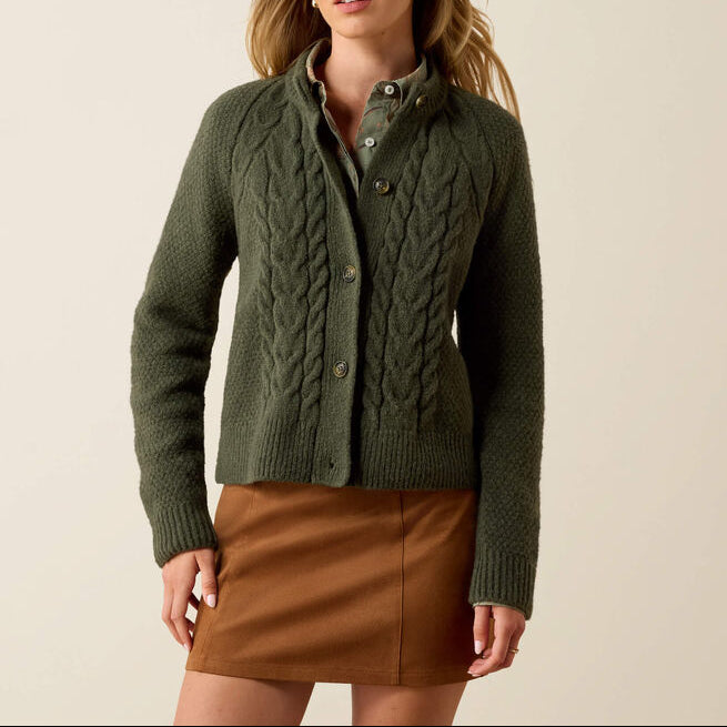 Ariat Brackenwood Sweater thyme cable knit cardigan in a soft wool blend womens western boutique Utah 10078996 Boltranchstore.com