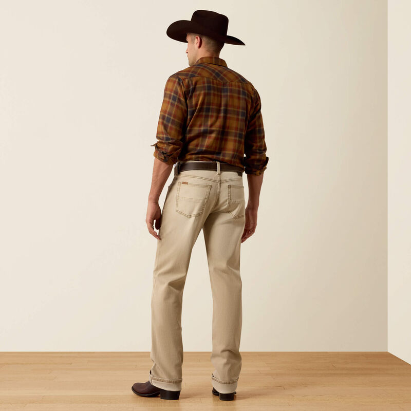 Ariat Mens M4 Relaxed Grizzly Boot Cut Jeans relaxed through the waist hip and thigh with a mid rise cowboy fit