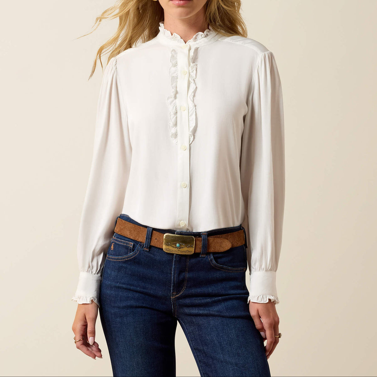 Ariat Cricklade Blouse white lightweight silky blouse with delicate ruffles womens western boutique Utah SKU 10079207