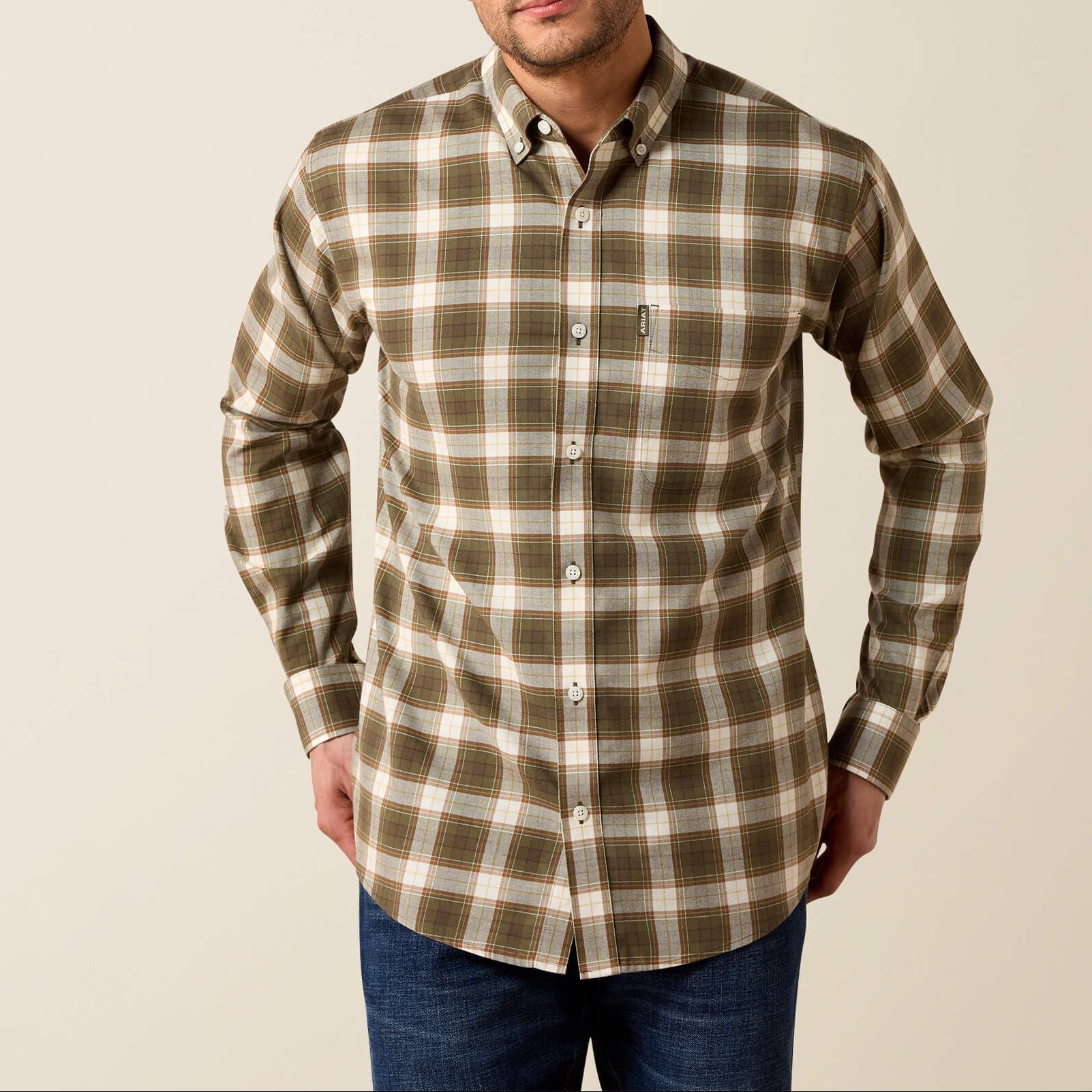 Mens western clothing Utah rodeo Ariat Mens Clement Shirt Earth Plaid SKU 10079223 Ariat Mens Clement Shirt Earth Plaid
